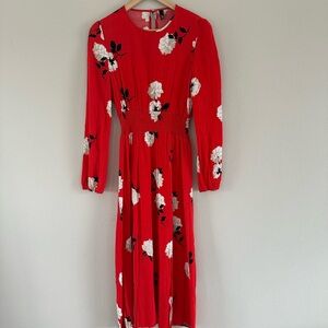 Nobody’s Child Red Floral Long Sleeve Midi Dress with White Blooms